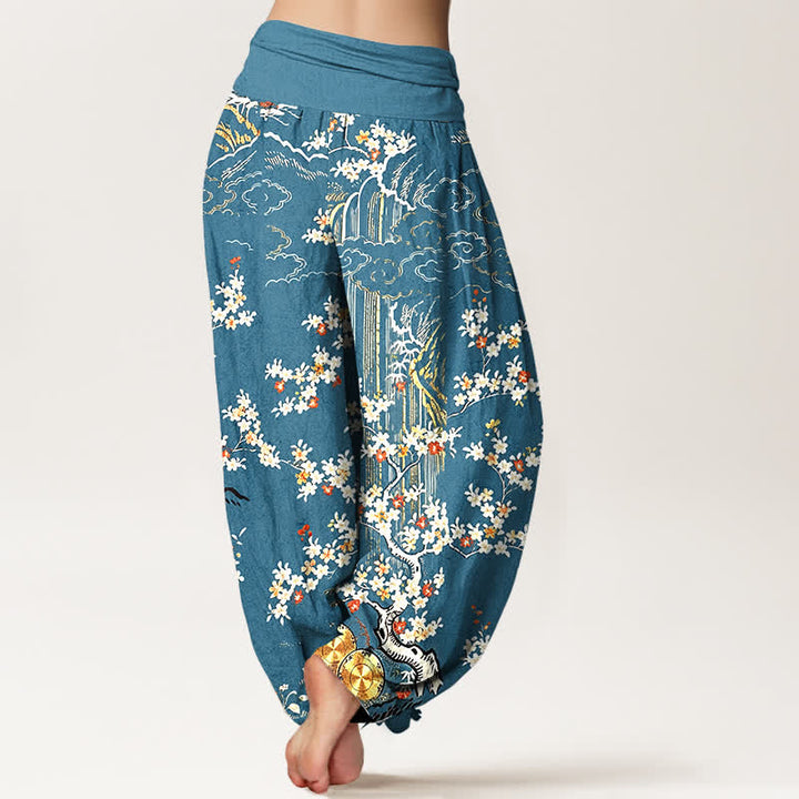Buddha Stones Pantalon harem pour femme en pur coton blanc à motif floral et nuage porte-bonheur, taille élastique. - image 6