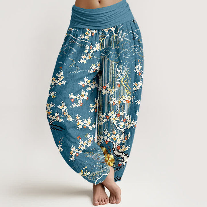 Buddha Stones Pantalon harem pour femme en pur coton blanc à motif floral et nuage porte-bonheur, taille élastique. - Sarcelle - US16，UK/AU20，EU48 (3XL) - image 5