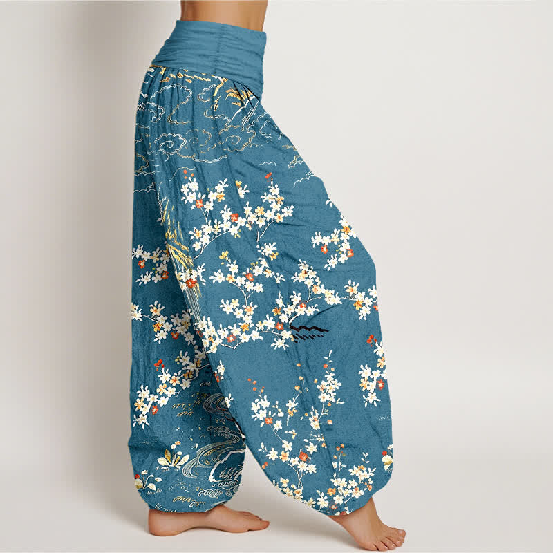 Buddha Stones Pantalon harem pour femme en pur coton blanc à motif floral et nuage porte-bonheur, taille élastique. - image 7
