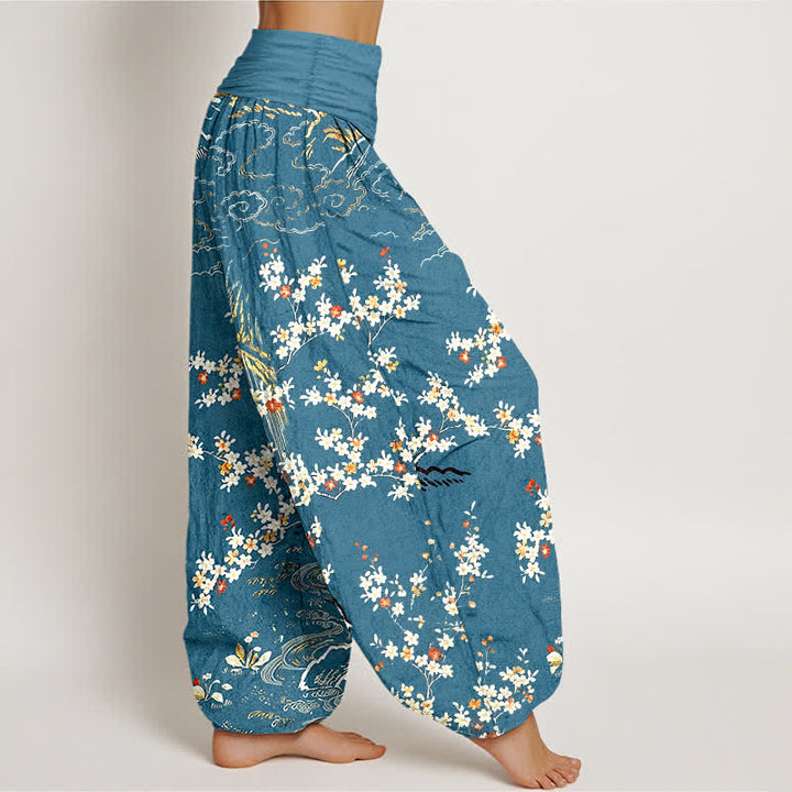 Buddha Stones Pantalon harem pour femme en pur coton blanc à motif floral et nuage porte-bonheur, taille élastique. - image 7