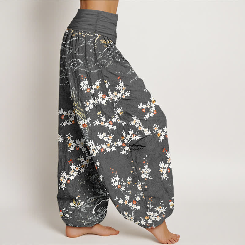 Buddha Stones Pantalon harem pour femme en pur coton blanc à motif floral et nuage porte-bonheur, taille élastique. - image 10