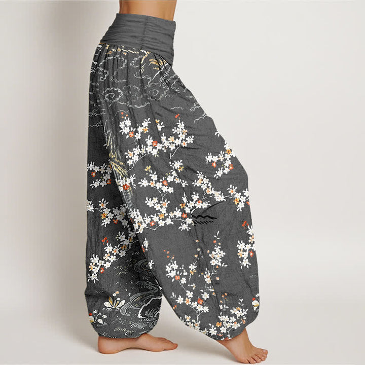 Buddha Stones Pantalon harem pour femme en pur coton blanc à motif floral et nuage porte-bonheur, taille élastique. - image 10
