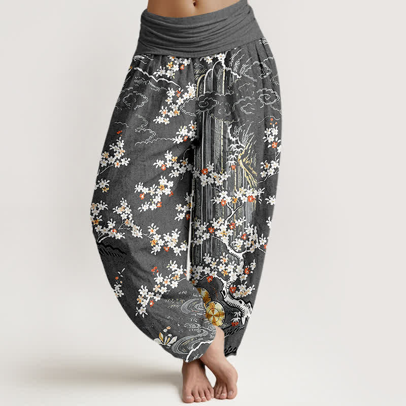 Buddha Stones Pantalon harem pour femme en pur coton blanc à motif floral et nuage porte-bonheur, taille élastique. - Gris sombre - US16，UK/AU20，EU48 (3XL) - image 8
