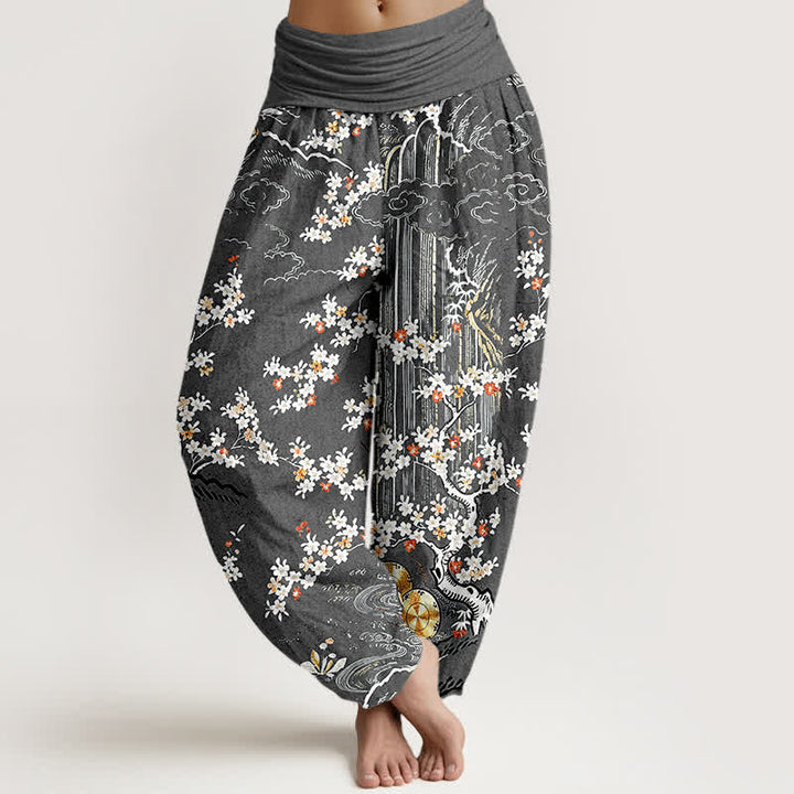 Buddha Stones Pantalon harem pour femme en pur coton blanc à motif floral et nuage porte-bonheur, taille élastique. - Gris sombre - US16，UK/AU20，EU48 (3XL) - image 8
