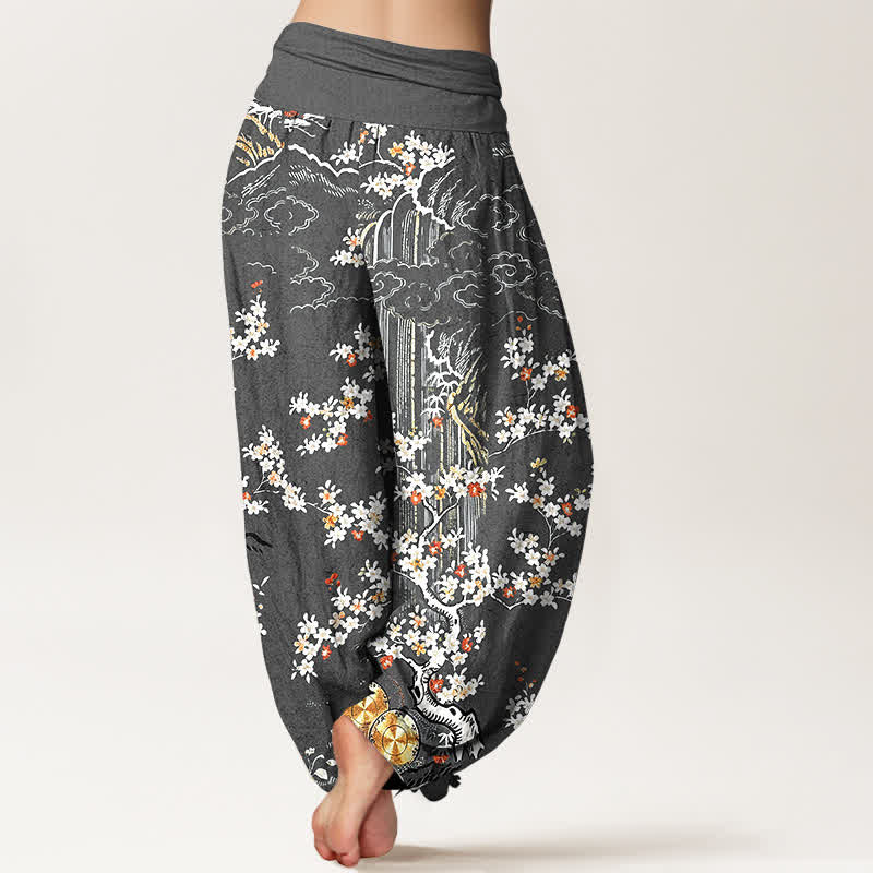 Buddha Stones Pantalon harem pour femme en pur coton blanc à motif floral et nuage porte-bonheur, taille élastique. - image 9