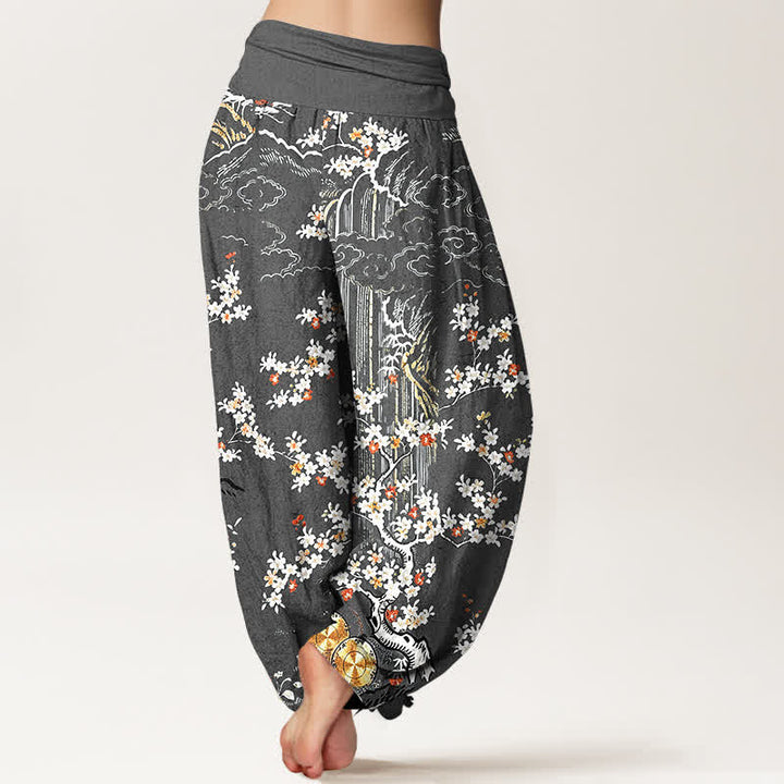 Buddha Stones Pantalon harem pour femme en pur coton blanc à motif floral et nuage porte-bonheur, taille élastique. - image 9