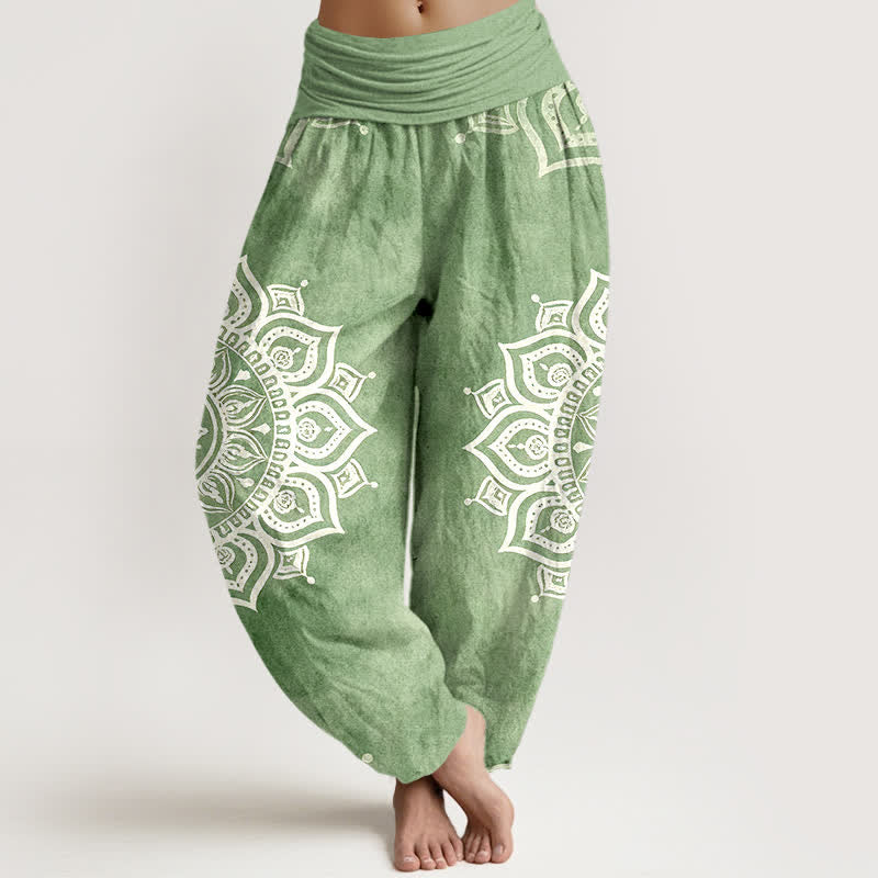 Buddha Stones Pantalon harem pour femme en pur coton blanc à motif floral mandala et taille élastique - Vert clair - US16，UK/AU20，EU48 (3XL) - image 0
