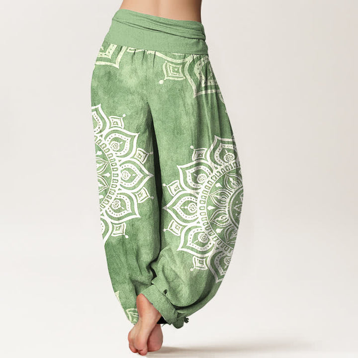 Buddha Stones Pantalon harem pour femme en pur coton blanc à motif floral mandala et taille élastique - image 1