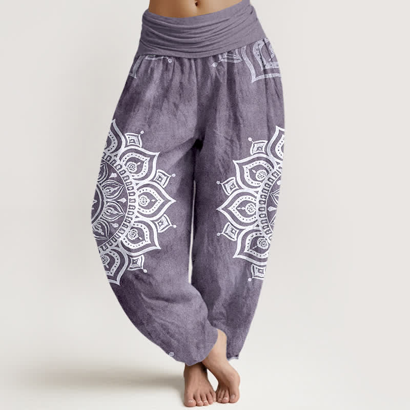 Buddha Stones Pantalon harem pour femme en pur coton blanc à motif floral mandala et taille élastique - Violet moyen - US16，UK/AU20，EU48 (3XL) - image 5