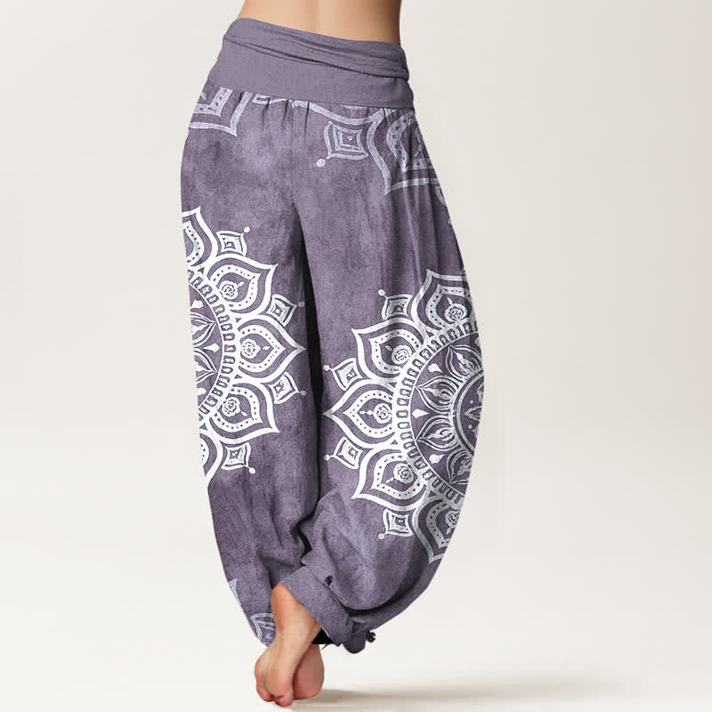 Buddha Stones Pantalon harem pour femme en pur coton blanc à motif floral mandala et taille élastique - image 6
