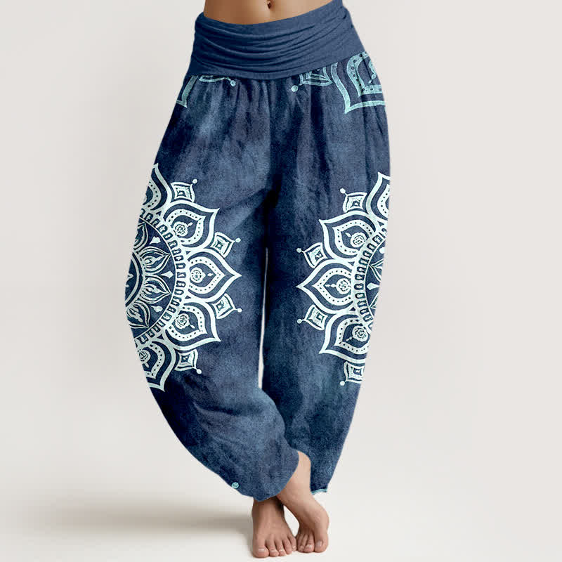 Buddha Stones Pantalon harem pour femme en pur coton blanc à motif floral mandala et taille élastique - SteelBlue - US16，UK/AU20，EU48 (3XL) - image 8