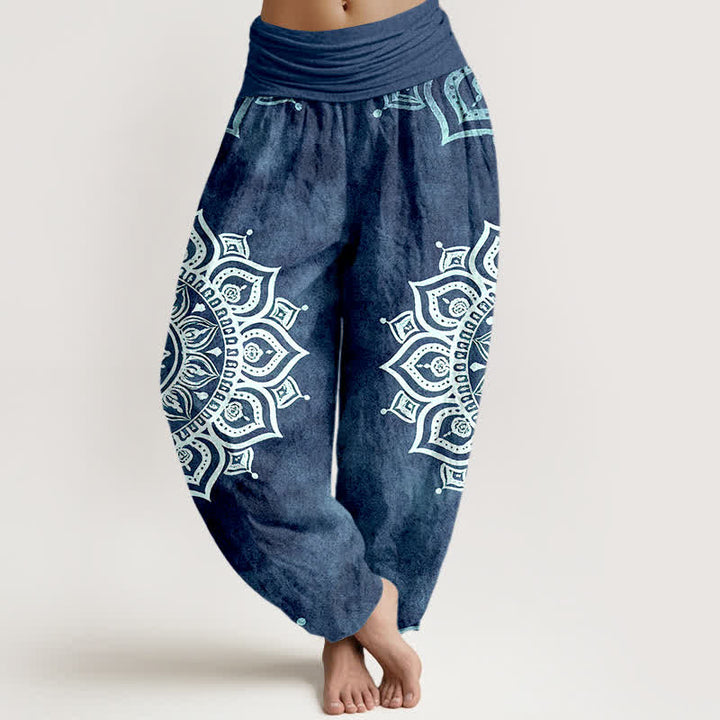Buddha Stones Pantalon harem pour femme en pur coton blanc à motif floral mandala et taille élastique - SteelBlue - US16，UK/AU20，EU48 (3XL) - image 8