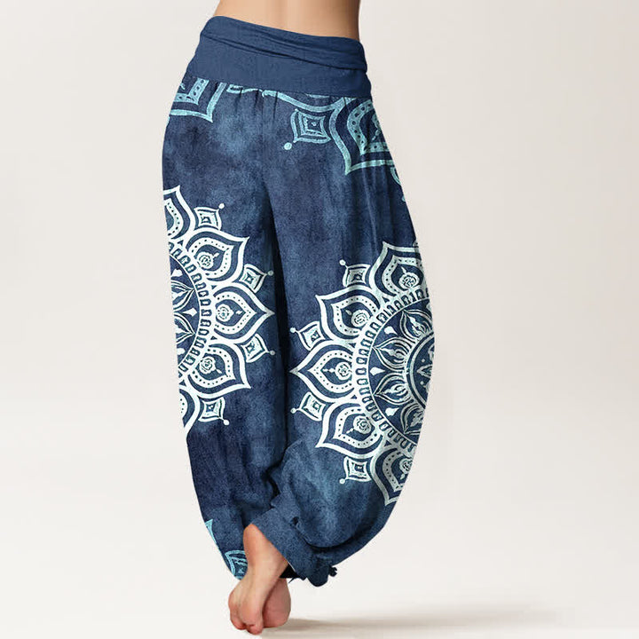 Buddha Stones Pantalon harem pour femme en pur coton blanc à motif floral mandala et taille élastique - image 9