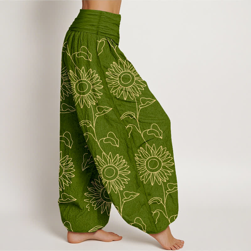 Buddha Stones Pantalon harem à taille élastique pour femme, motif tournesol doré en coton - image 2