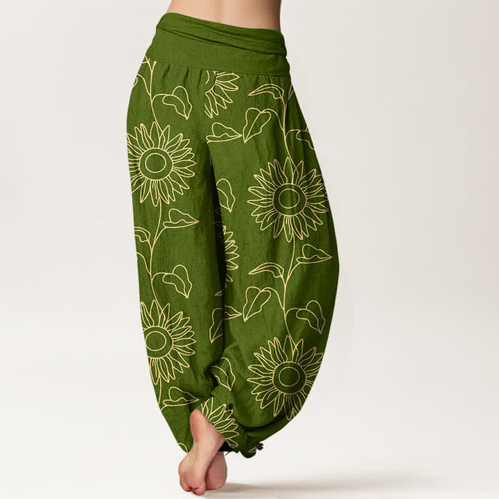 Buddha Stones Pantalon harem à taille élastique pour femme, motif tournesol doré en coton - image 1