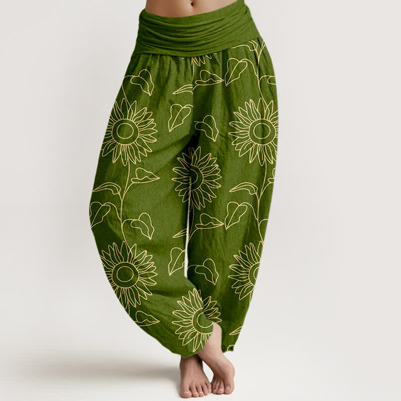 Buddha Stones Pantalon harem à taille élastique pour femme, motif tournesol doré en coton - Vert olive - US16，UK/AU20，EU48 (3XL) - image 0