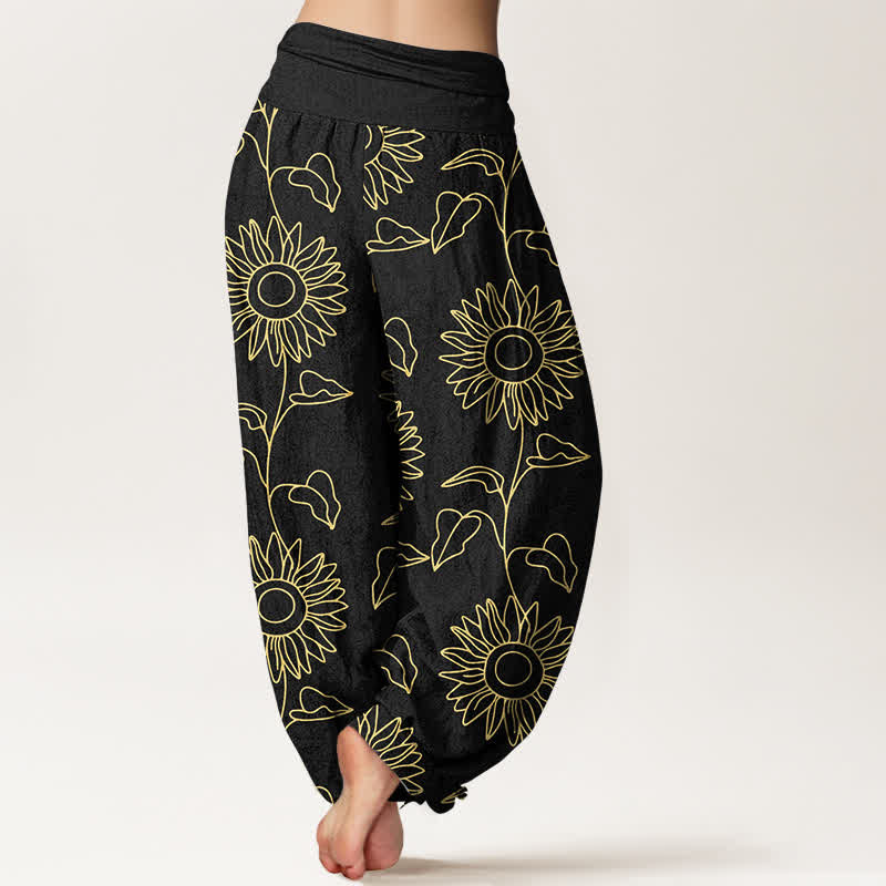 Buddha Stones Pantalon harem à taille élastique pour femme, motif tournesol doré en coton - image 6