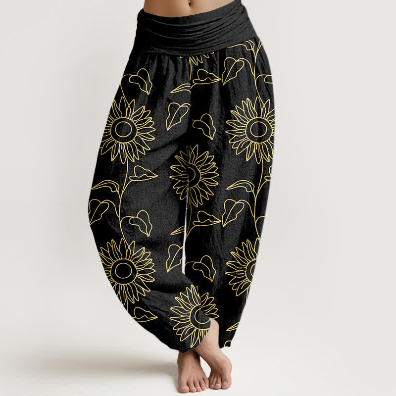 Buddha Stones Pantalon harem à taille élastique pour femme, motif tournesol doré en coton - Noir - US16，UK/AU20，EU48 (3XL) - image 5