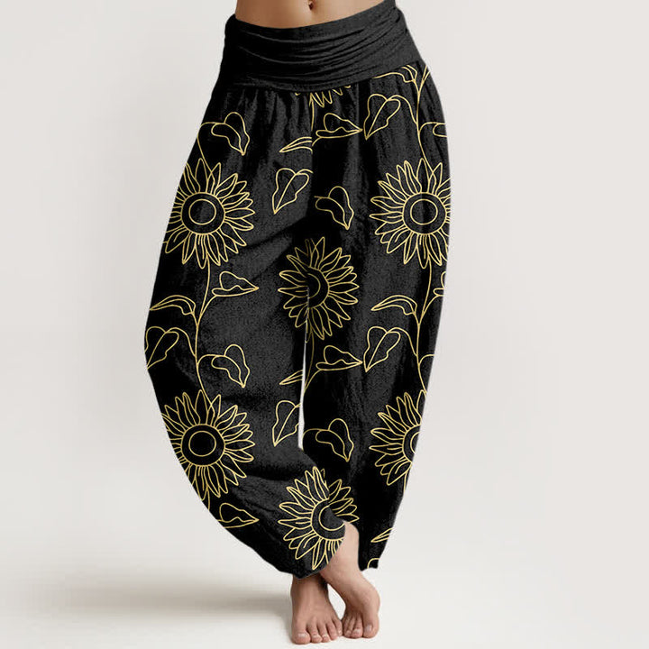 Buddha Stones Pantalon harem à taille élastique pour femme, motif tournesol doré en coton - Noir - US16，UK/AU20，EU48 (3XL) - image 5