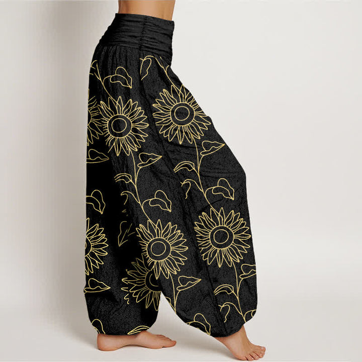 Buddha Stones Pantalon harem à taille élastique pour femme, motif tournesol doré en coton - image 7