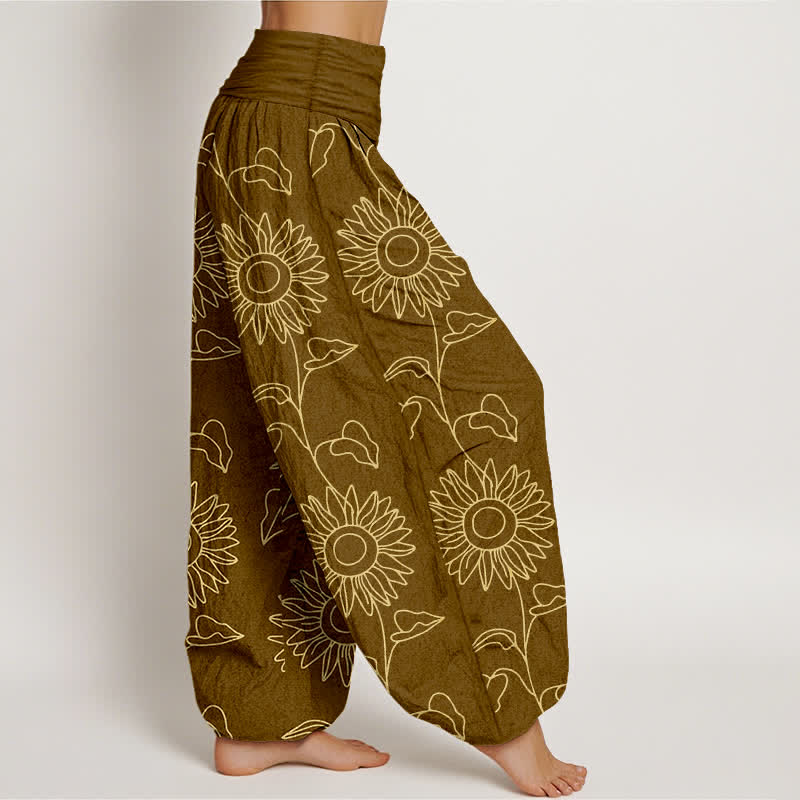 Buddha Stones Pantalon harem à taille élastique pour femme, motif tournesol doré en coton - image 10