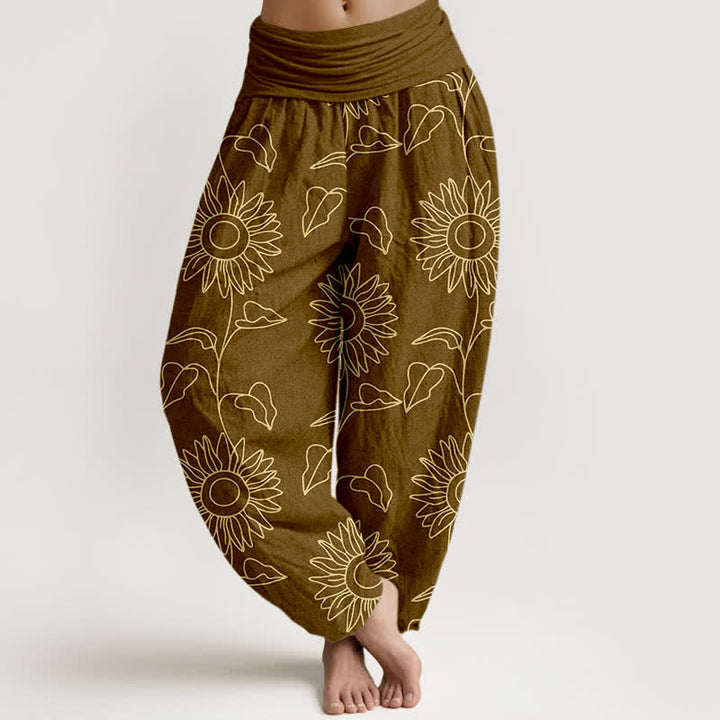 Buddha Stones Pantalon harem à taille élastique pour femme, motif tournesol doré en coton - DarkGoldenrod - US16，UK/AU20，EU48 (3XL) - image 8