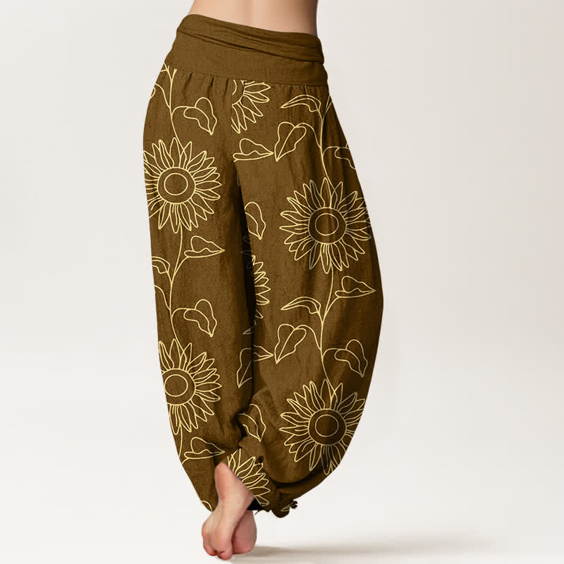 Buddha Stones Pantalon harem à taille élastique pour femme, motif tournesol doré en coton - image 9