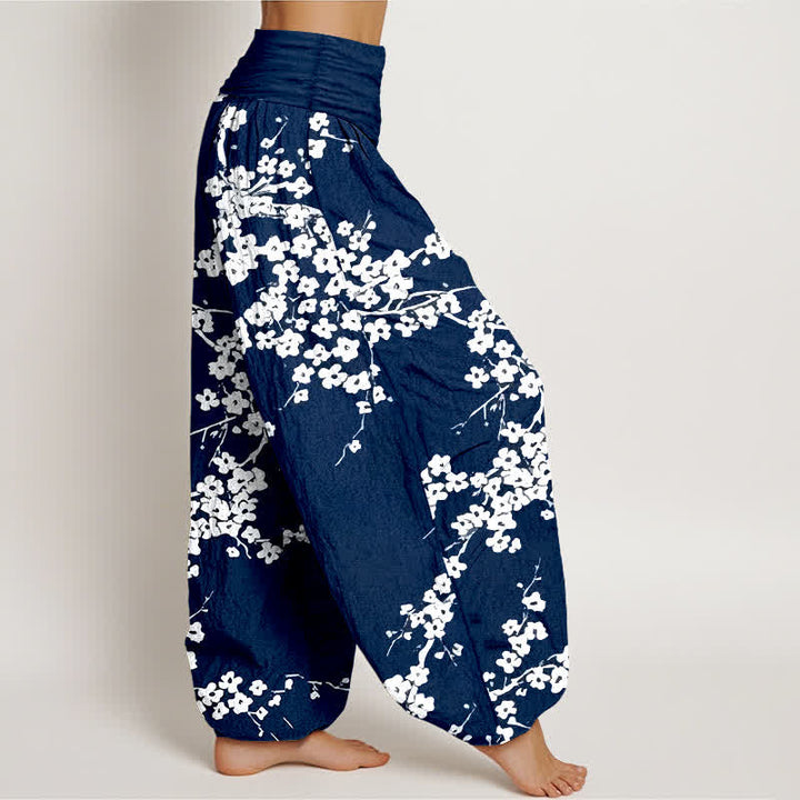Buddha Stones Pantalon harem à taille élastique pour femme, en pur coton blanc à motif de branches fleuries - image 2