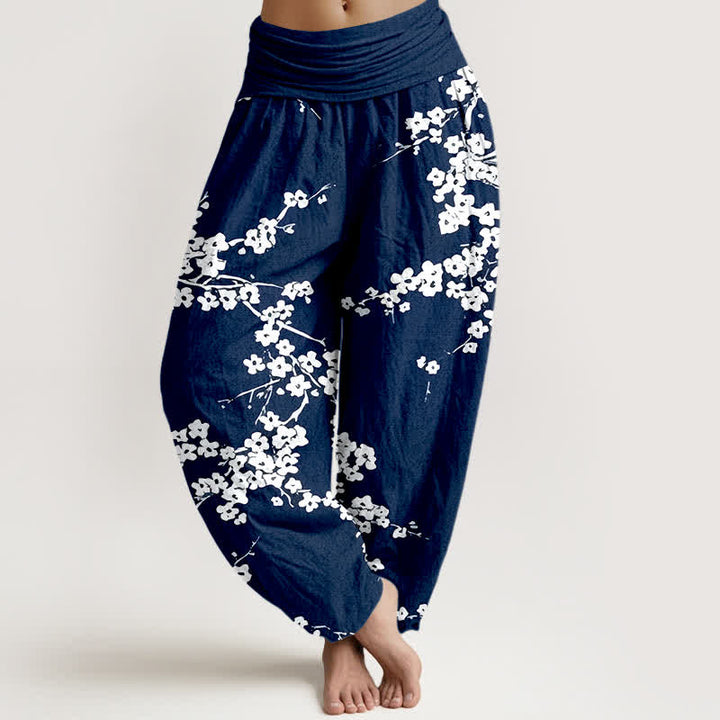 Buddha Stones Pantalon harem à taille élastique pour femme, en pur coton blanc à motif de branches fleuries - Marine - US16，UK/AU20，EU48 (3XL) - image 0