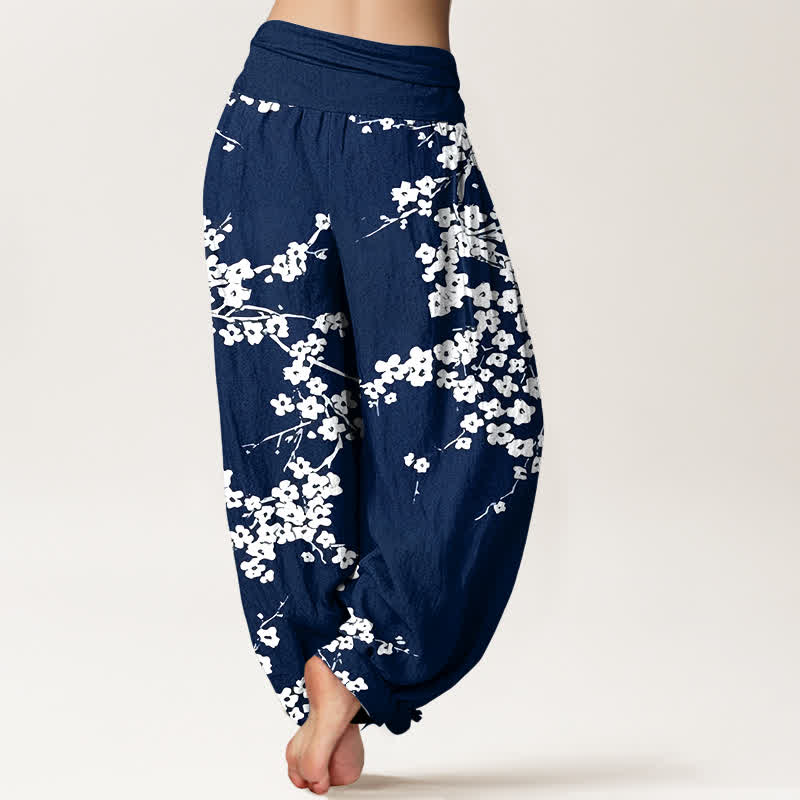 Buddha Stones Pantalon harem à taille élastique pour femme, en pur coton blanc à motif de branches fleuries - image 1