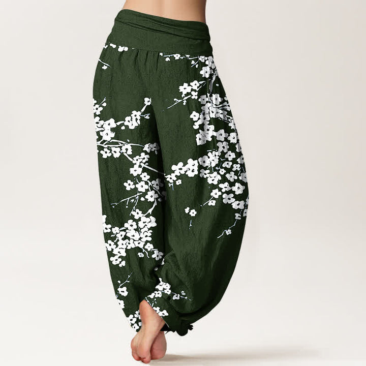 Buddha Stones Pantalon harem à taille élastique pour femme, en pur coton blanc à motif de branches fleuries - image 6