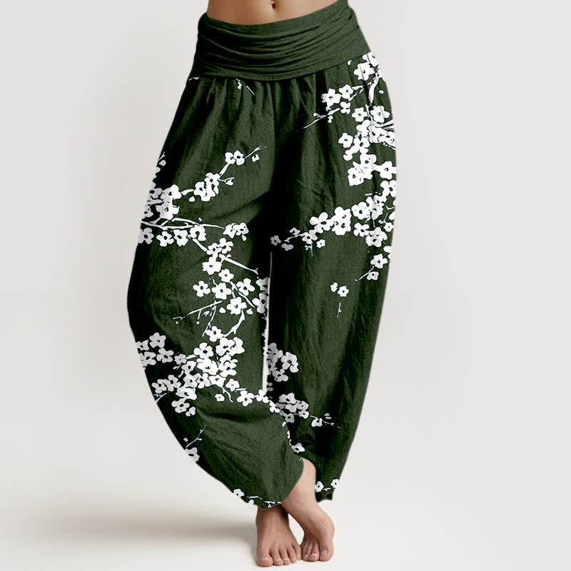 Buddha Stones Pantalon harem à taille élastique pour femme, en pur coton blanc à motif de branches fleuries - Vert foncé - US16，UK/AU20，EU48 (3XL) - image 5