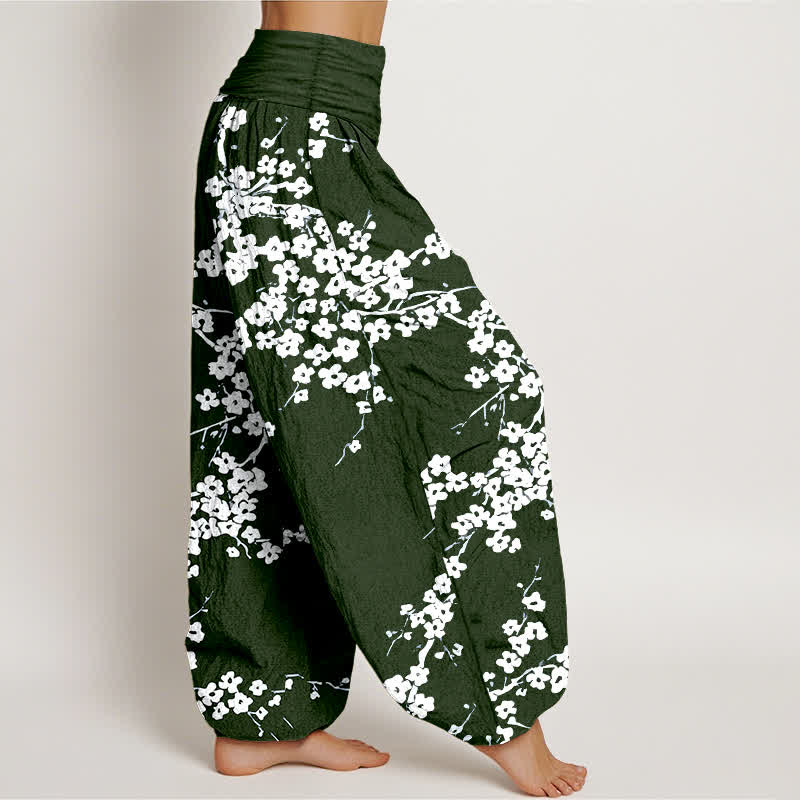 Buddha Stones Pantalon harem à taille élastique pour femme, en pur coton blanc à motif de branches fleuries - image 7