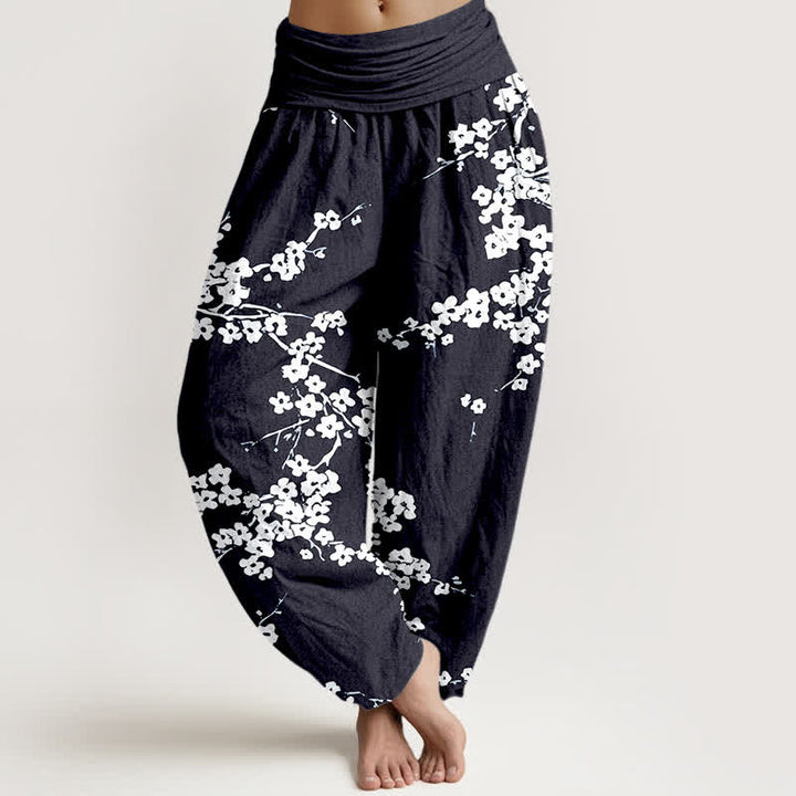 Buddha Stones Pantalon harem à taille élastique pour femme, en pur coton blanc à motif de branches fleuries - Noir - US16，UK/AU20，EU48 (3XL) - image 8