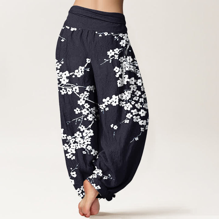 Buddha Stones Pantalon harem à taille élastique pour femme, en pur coton blanc à motif de branches fleuries - image 9