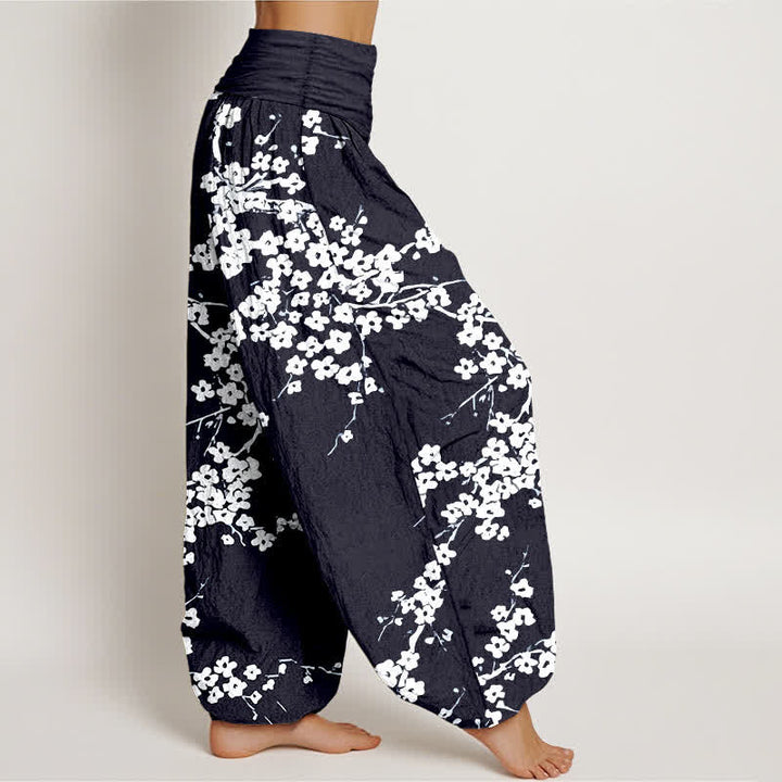 Buddha Stones Pantalon harem à taille élastique pour femme, en pur coton blanc à motif de branches fleuries - image 10