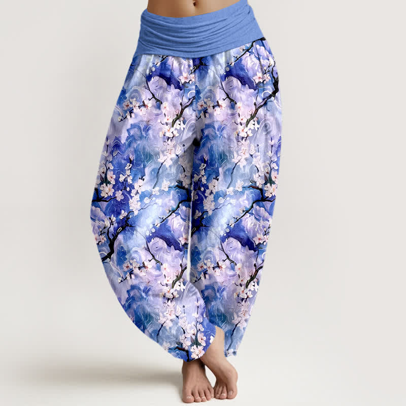 Buddha Stones Pantalon harem pour femme en pur coton à motif floral aquarelle et taille élastique - Bleu ardoise moyen - US16，UK/AU20，EU48 (3XL) - image 0