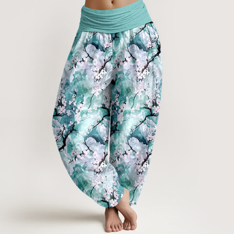 Buddha Stones Pantalon harem pour femme en pur coton à motif floral aquarelle et taille élastique - Turquoise - US16，UK/AU20，EU48 (3XL) - image 5