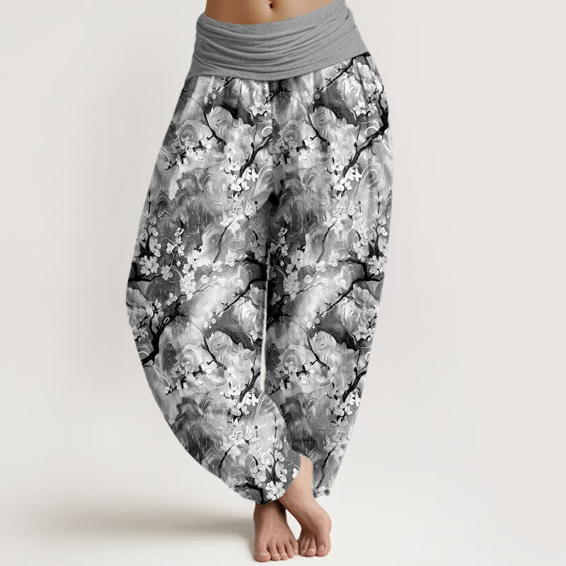 Buddha Stones Pantalon harem pour femme en pur coton à motif floral aquarelle et taille élastique - Gris - US16，UK/AU20，EU48 (3XL) - image 8