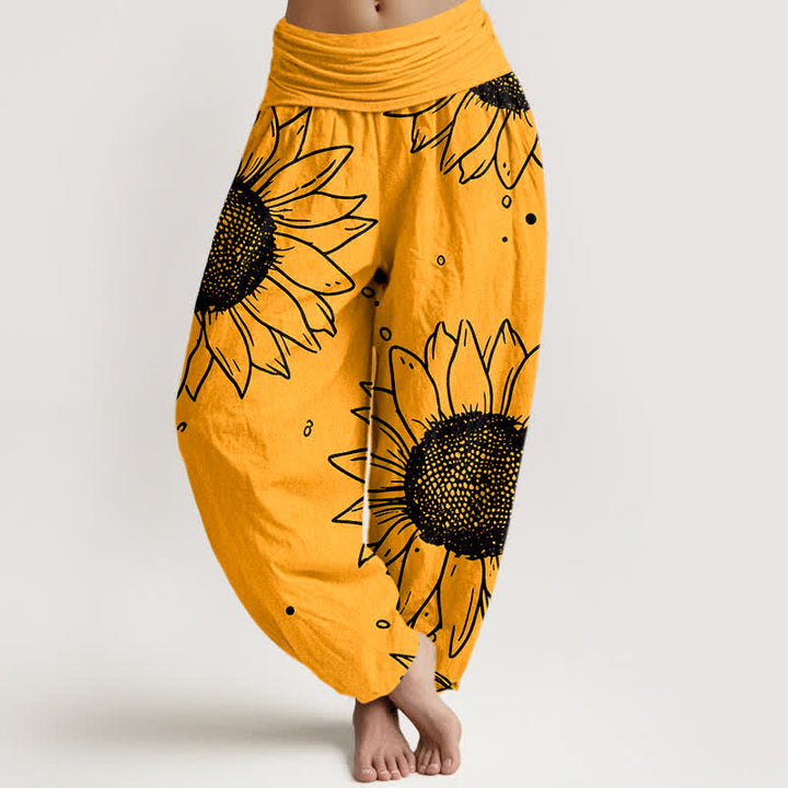 Buddha Stones Pantalon harem pour femme en pur coton à motif tournesol et taille élastique - Orange - US16，UK/AU20，EU48 (3XL) - image 0