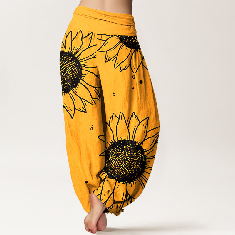 Buddha Stones Pantalon harem pour femme en pur coton à motif tournesol et taille élastique - image 1