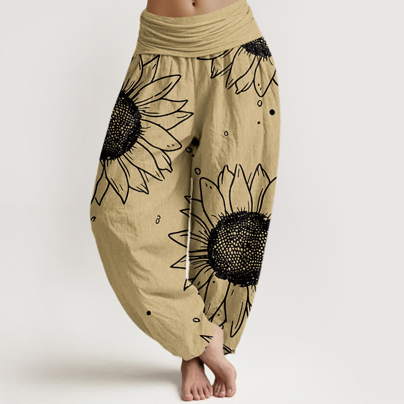 Buddha Stones Pantalon harem pour femme en pur coton à motif tournesol et taille élastique - Kaki - US16，UK/AU20，EU48 (3XL) - image 5