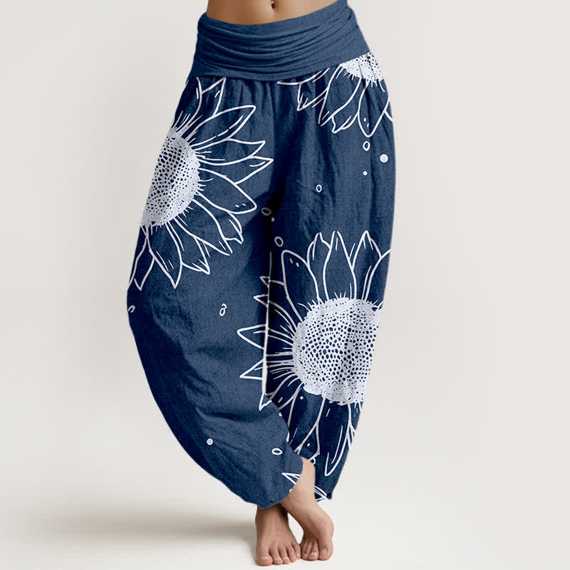 Buddha Stones Pantalon harem pour femme en pur coton à motif tournesol et taille élastique - Marine - US16，UK/AU20，EU48 (3XL) - image 8
