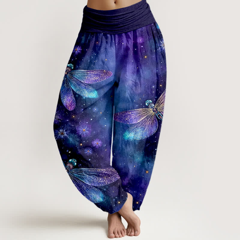 Buddha Stones Pantalon harem à taille élastique pour femme, en coton à motif libellule et fleurs onirique - Indigo - US16，UK/AU20，EU48 (3XL) - image 0