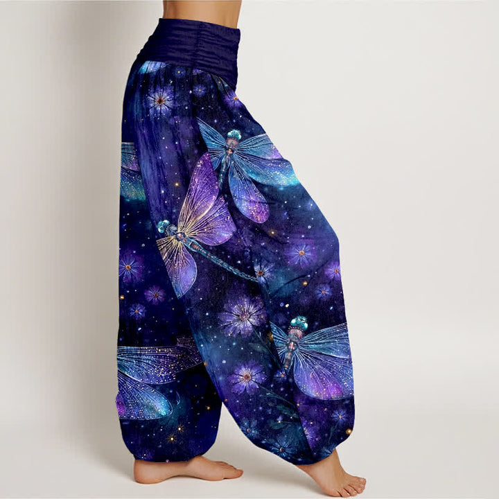 Buddha Stones Pantalon harem à taille élastique pour femme, en coton à motif libellule et fleurs onirique - image 2