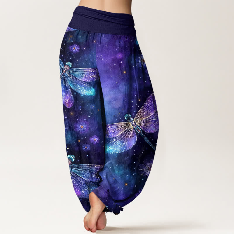 Buddha Stones Pantalon harem à taille élastique pour femme, en coton à motif libellule et fleurs onirique - image 1