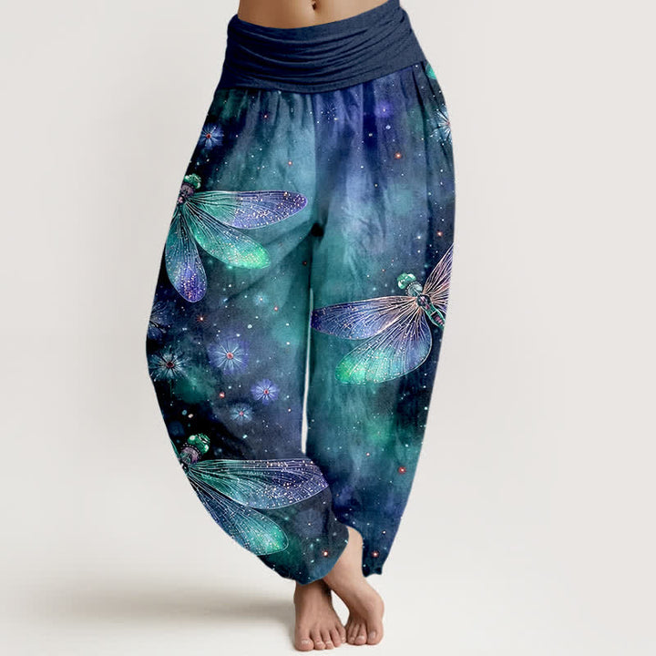 Buddha Stones Pantalon harem à taille élastique pour femme, en coton à motif libellule et fleurs onirique - Bleu foncé - US16，UK/AU20，EU48 (3XL) - image 5