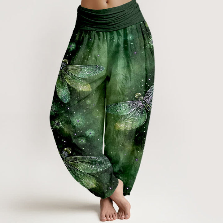 Buddha Stones Pantalon harem à taille élastique pour femme, en coton à motif libellule et fleurs onirique - Vert forêt - US16，UK/AU20，EU48 (3XL) - image 8