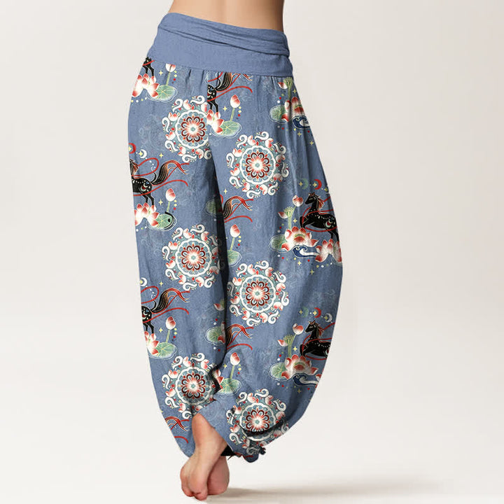 Buddha Stones Pantalon harem à taille élastique pour femme, en pur coton, à motifs de chevaux, de lotus et de mandalas - image 1