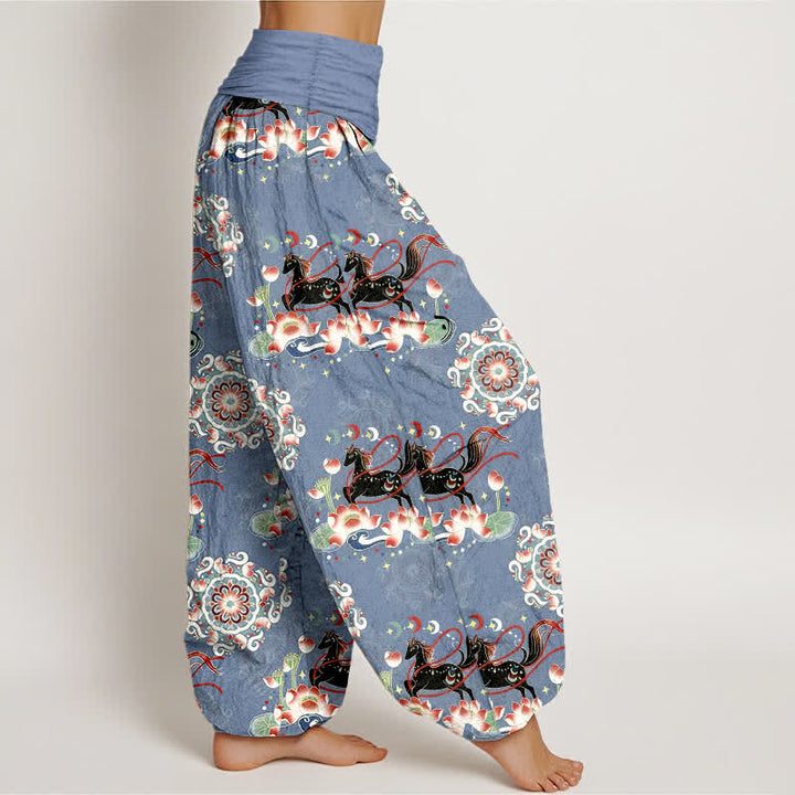 Buddha Stones Pantalon harem à taille élastique pour femme, en pur coton, à motifs de chevaux, de lotus et de mandalas - image 2